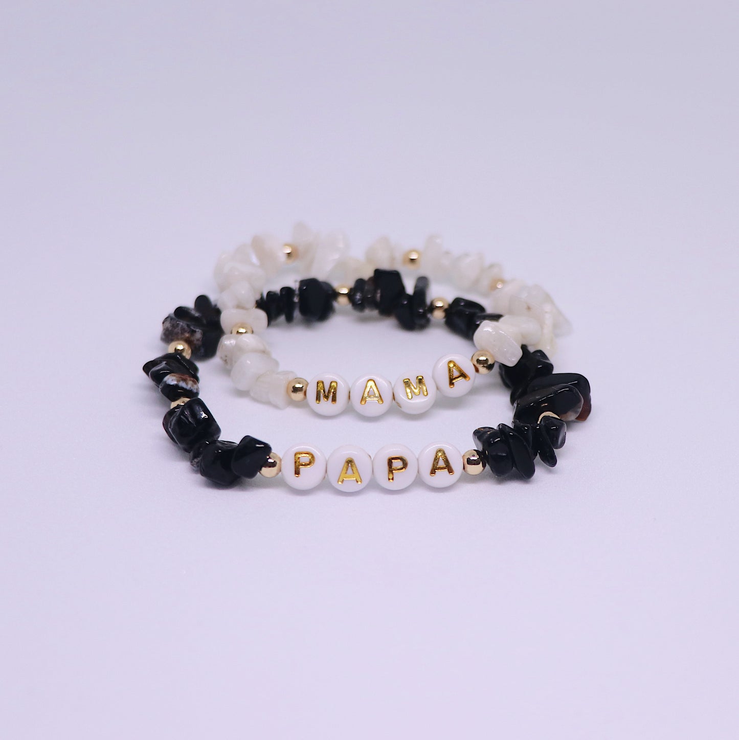 Moonstone & Onyx Mama & Papa Bracelet Set of 2